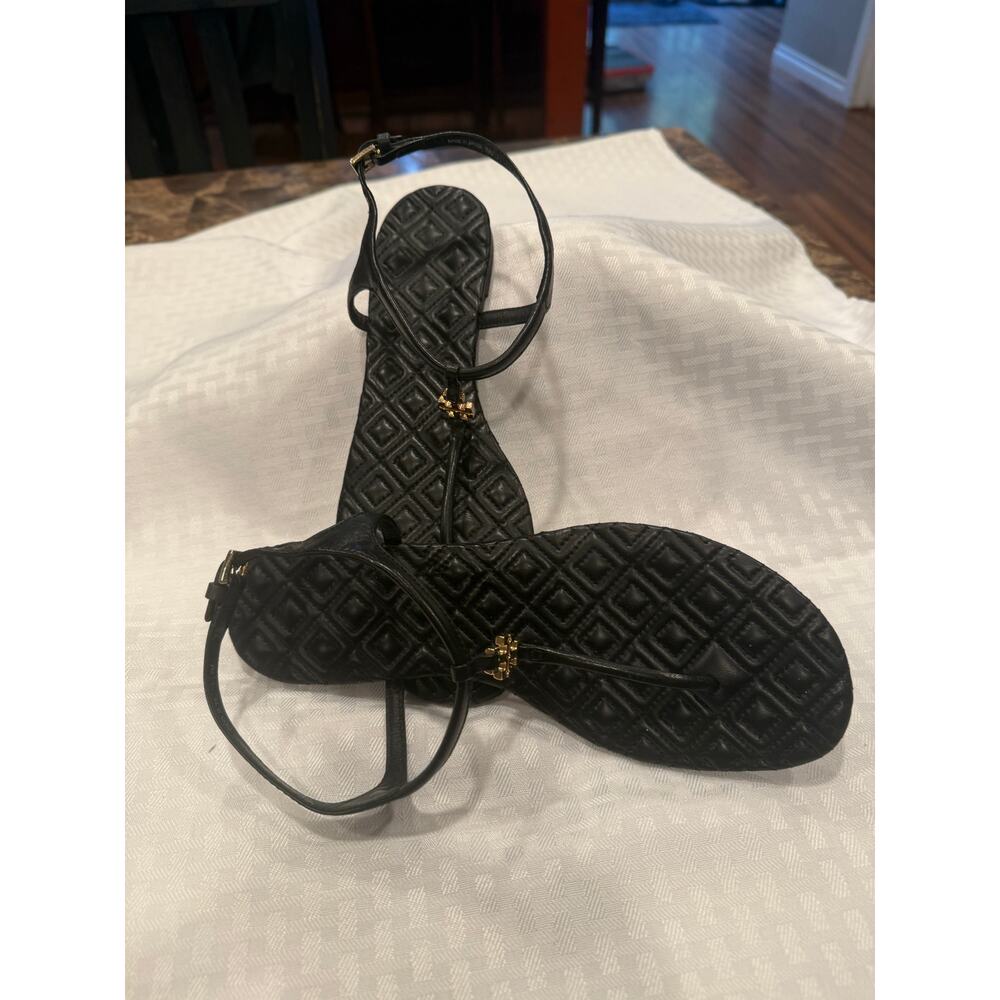 Tory Burch black sandals with gold accents. - Picture 3 of 4